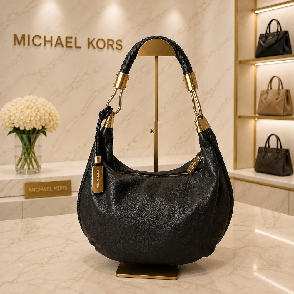 Michael Kors Skorpios Hobo Shoulder Bag Black Pebbled Leather Braided Handle